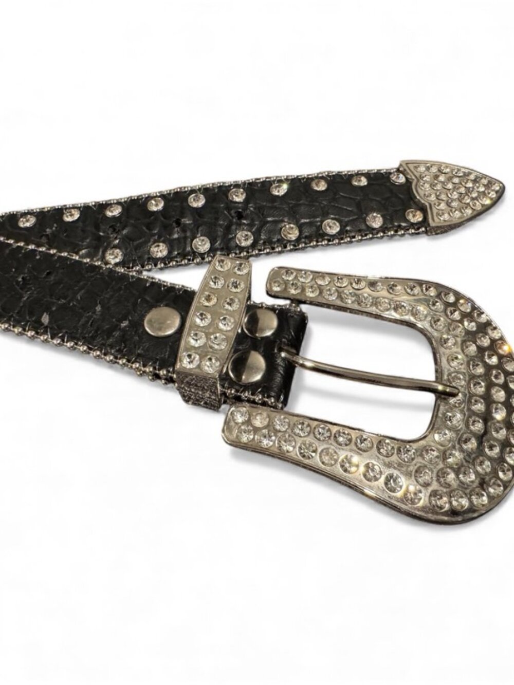Y2K Black Genuine Leather Rhinestone Belt 40” Statement Glam All Stones Present